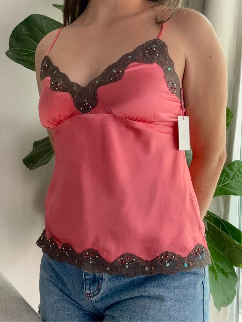 Coral Silk Lace-Trim Camisole